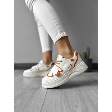 Adidasi dama casual cu talpa inalta albi cu orange CL2333 A41-1